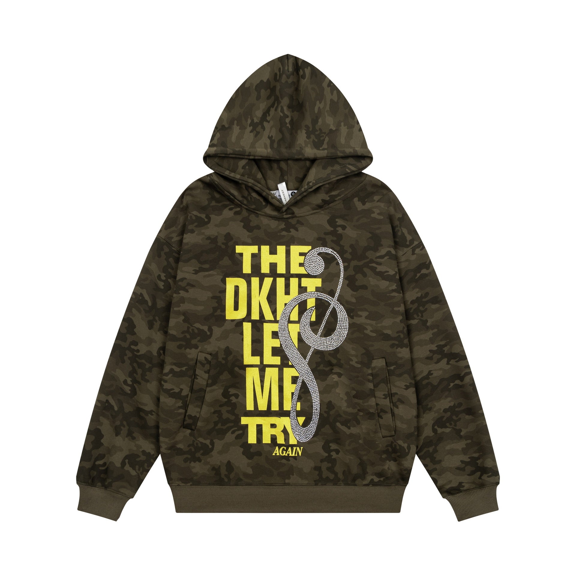 Letter printed diamond studded camouflage hooded sweatshirt