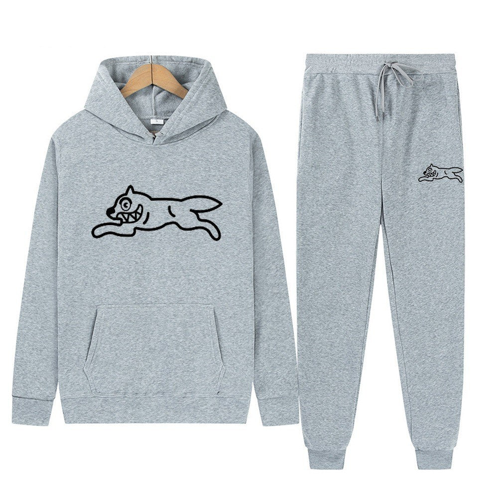 Dog Print Tracksuit Men's Set Fleece Two-Piece Loose Hooded Sweatshirt Pants Set
