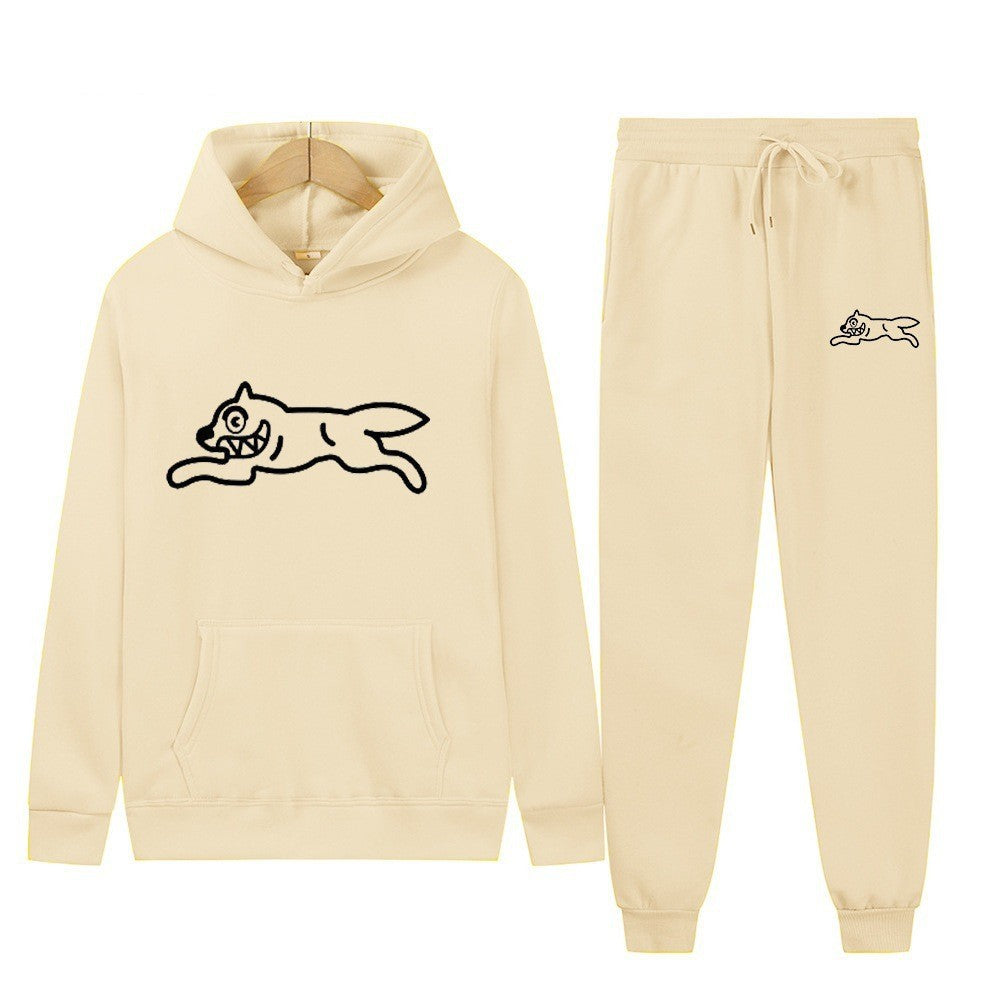 Dog Print Tracksuit Men's Set Fleece Two-Piece Loose Hooded Sweatshirt Pants Set