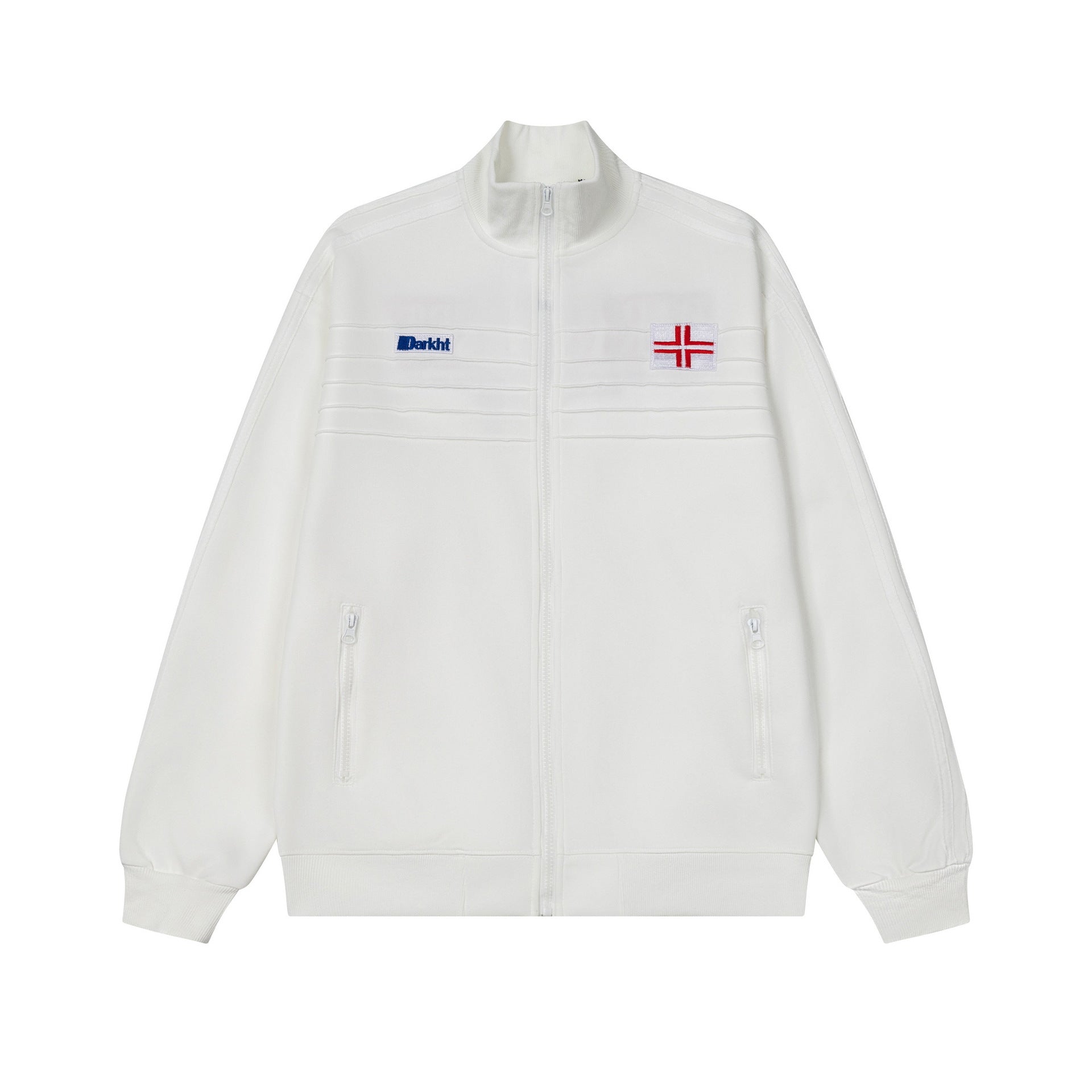 Crimson embroidery logo woven belt stand collar jacket