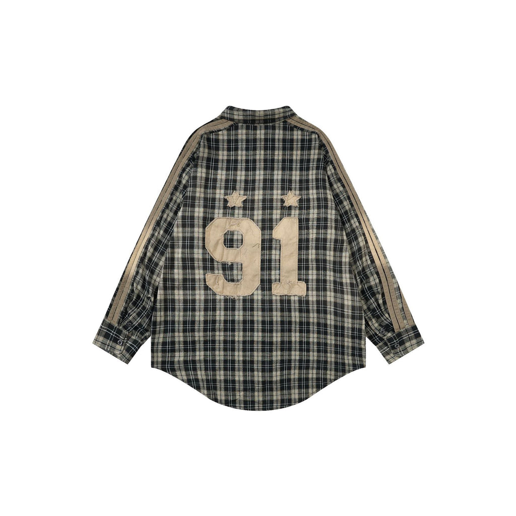 Badblood  Vintage Casual Loose Plaid Embroidered Slim-Fit Shirt Unisex Oversized Top Jacket