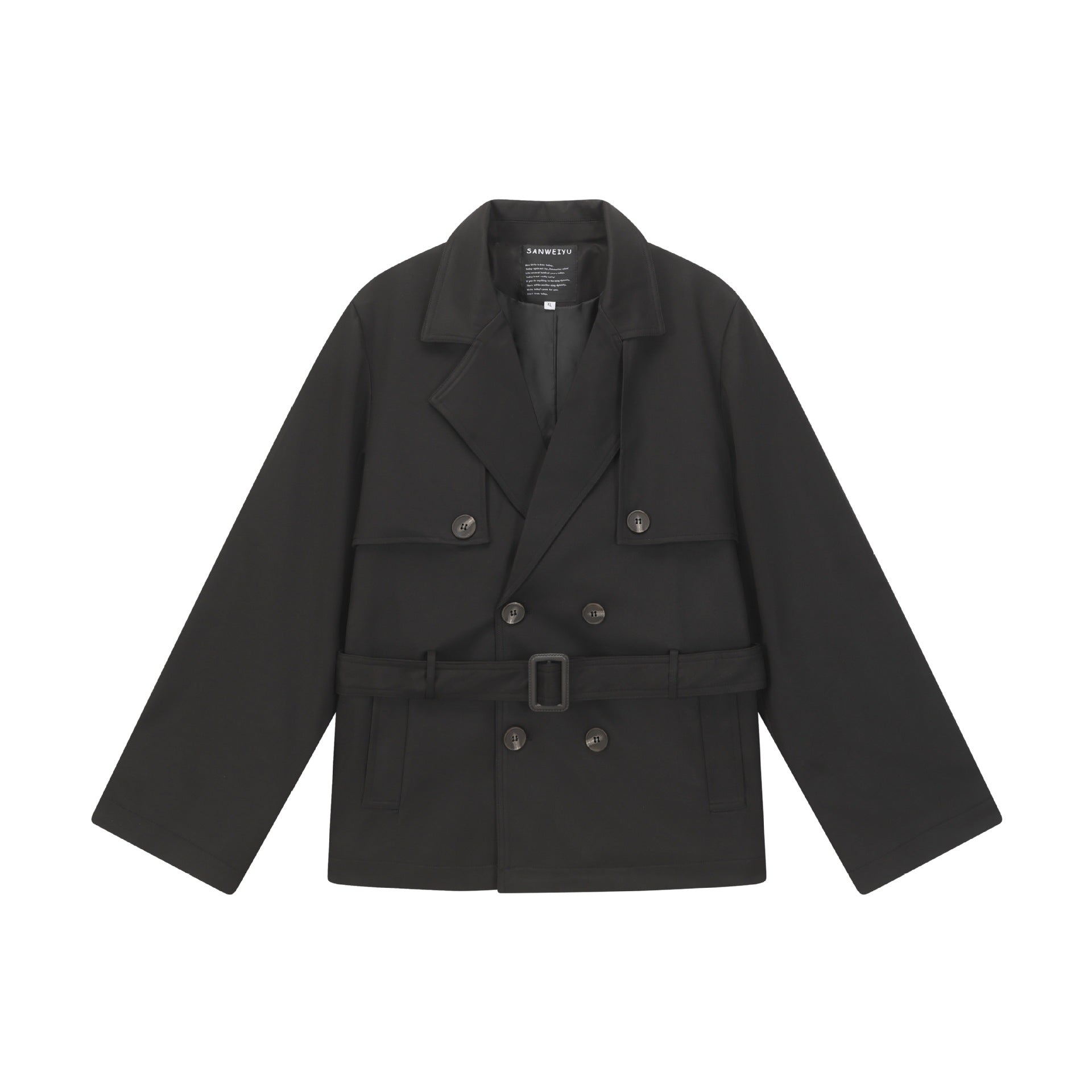 Double-breasted Short Trench Coat Men's Loose Casual Design Turn-down Collar Outerwear