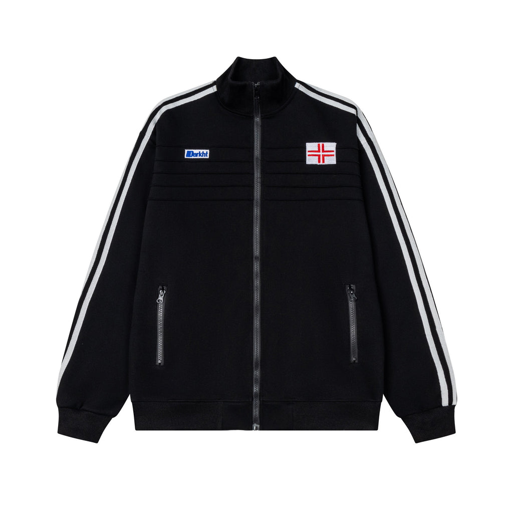 Crimson embroidery logo woven belt stand collar jacket