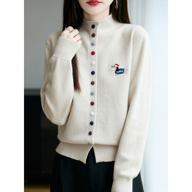 High Neck Colorful Button Loose Cardigan Sweater for Women Open Front Sweater