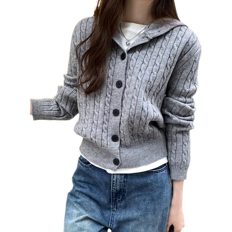 Hooded Cable Knit Cardigan for Women, Design Button Sweater Coat