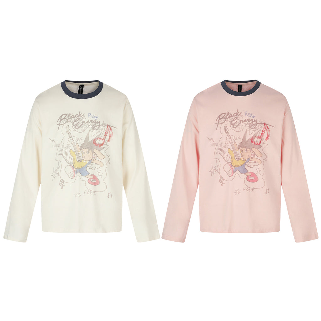 Trendy Cartoon Print Round Neck Loose Unisex Long Sleeve T-Shirt
