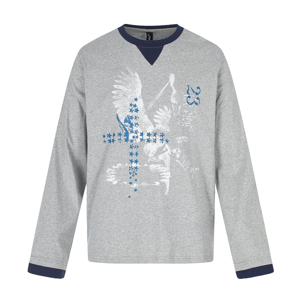 Distressed Printed Color-block Crewneck Long Sleeve T-Shirt
