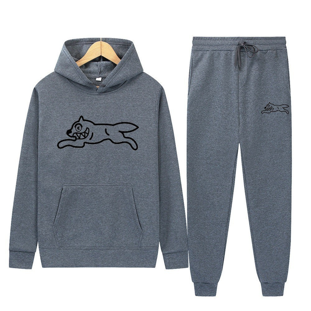 Dog Print Tracksuit Men's Set Fleece Two-Piece Loose Hooded Sweatshirt Pants Set