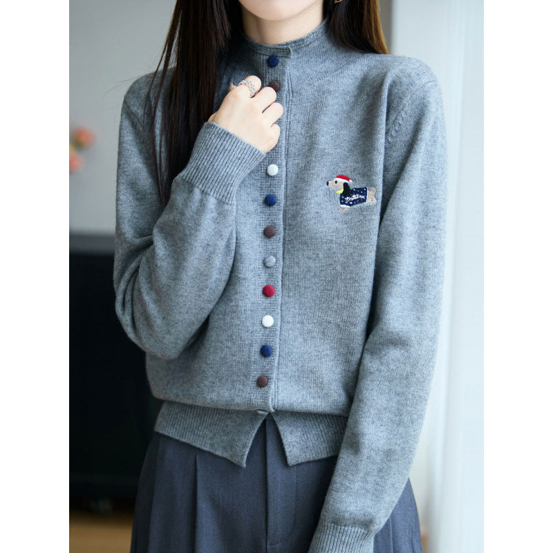 High Neck Colorful Button Loose Cardigan Sweater for Women Open Front Sweater