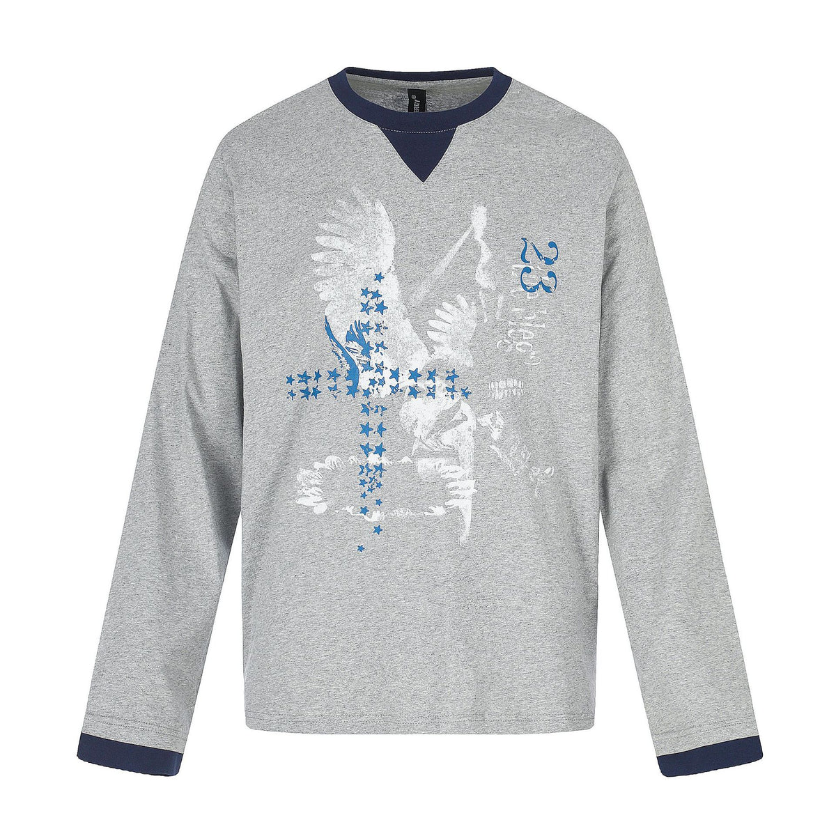 Distressed Printed Color-block Crewneck Long Sleeve T-Shirt