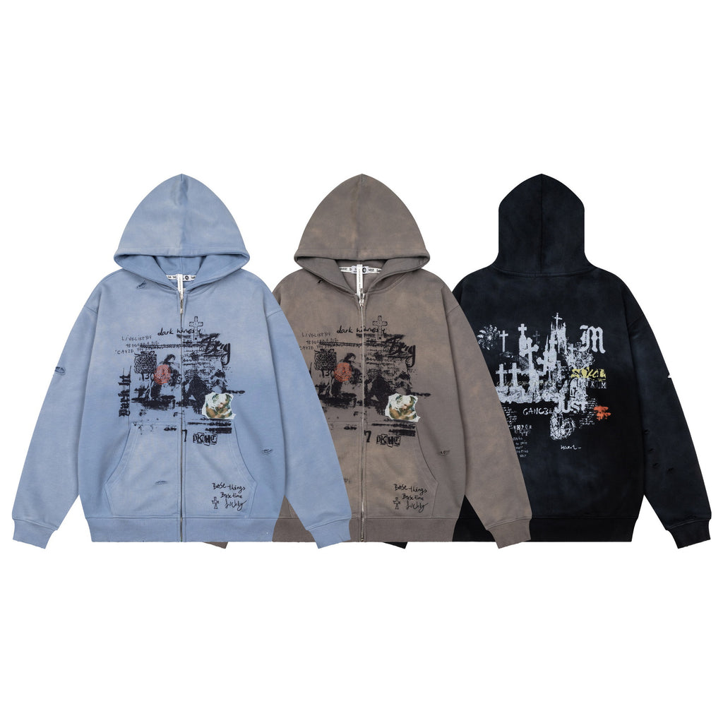 Hoodie cardigan loose printed jacket