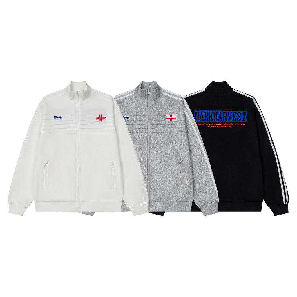 Crimson embroidery logo woven belt stand collar jacket