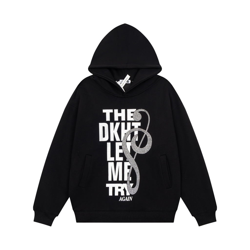 Letter printed diamond studded camouflage hooded sweatshirt