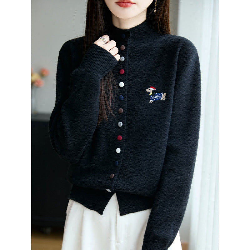 High Neck Colorful Button Loose Cardigan Sweater for Women Open Front Sweater
