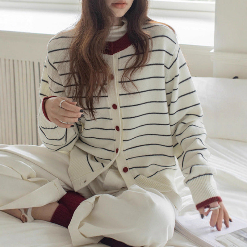 Stripe Cardigan for Women, Buttoned Round Neck Long Sleeve Knitwear Coat
