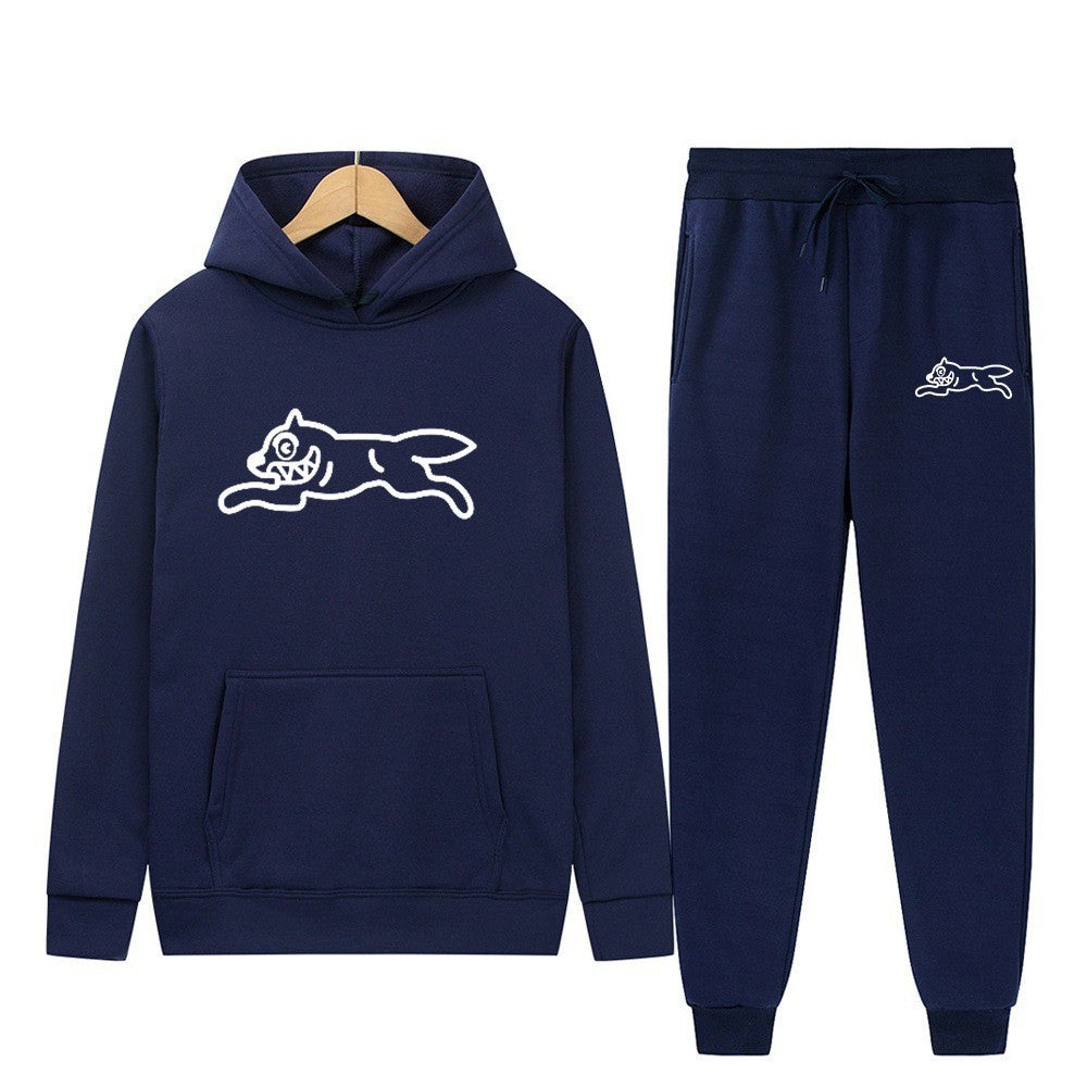 Dog Print Tracksuit Men's Set Fleece Two-Piece Loose Hooded Sweatshirt Pants Set