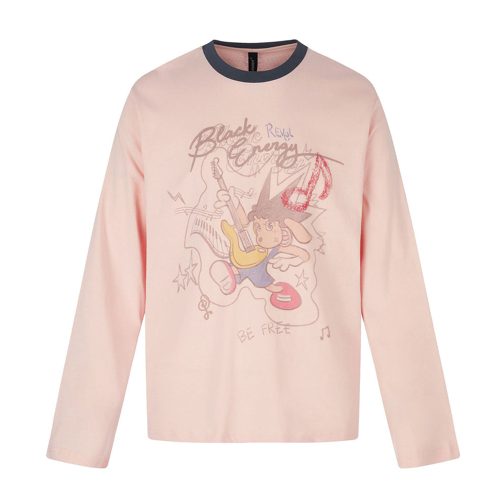 Trendy Cartoon Print Round Neck Loose Unisex Long Sleeve T-Shirt