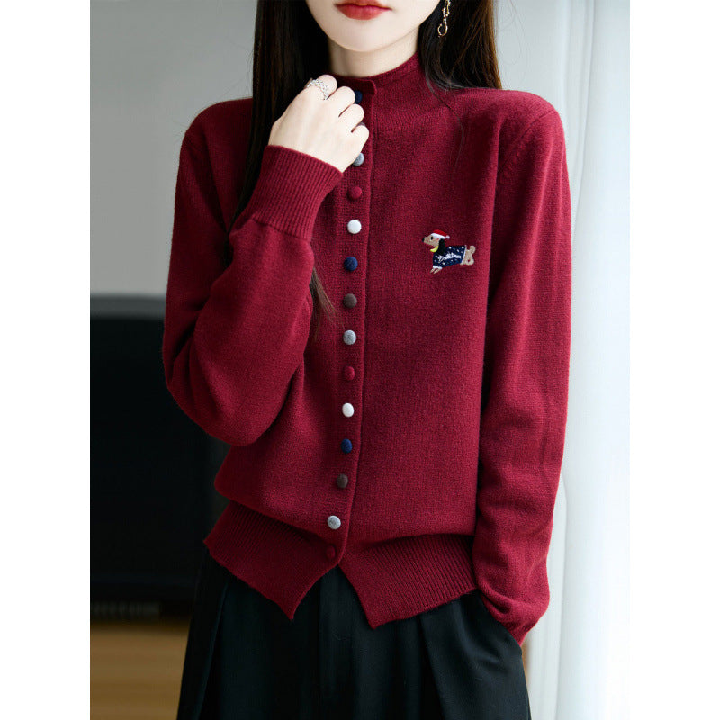 High Neck Colorful Button Loose Cardigan Sweater for Women Open Front Sweater