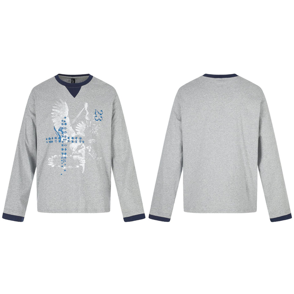 Distressed Printed Color-block Crewneck Long Sleeve T-Shirt