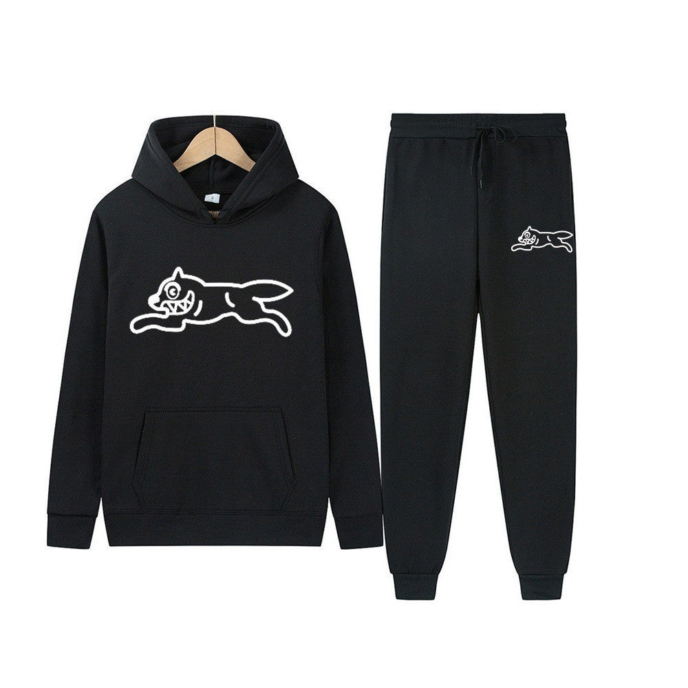Dog Print Tracksuit Men's Set Fleece Two-Piece Loose Hooded Sweatshirt Pants Set