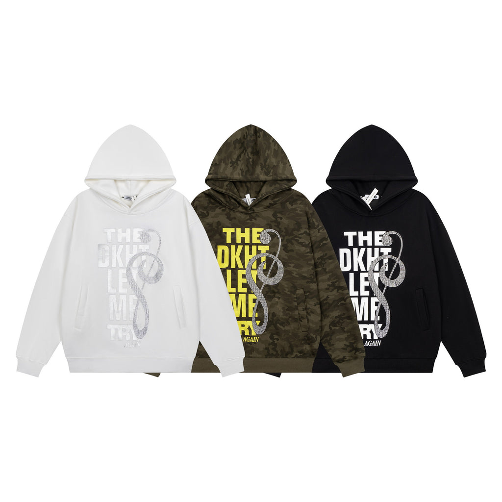 Letter printed diamond studded camouflage hooded sweatshirt