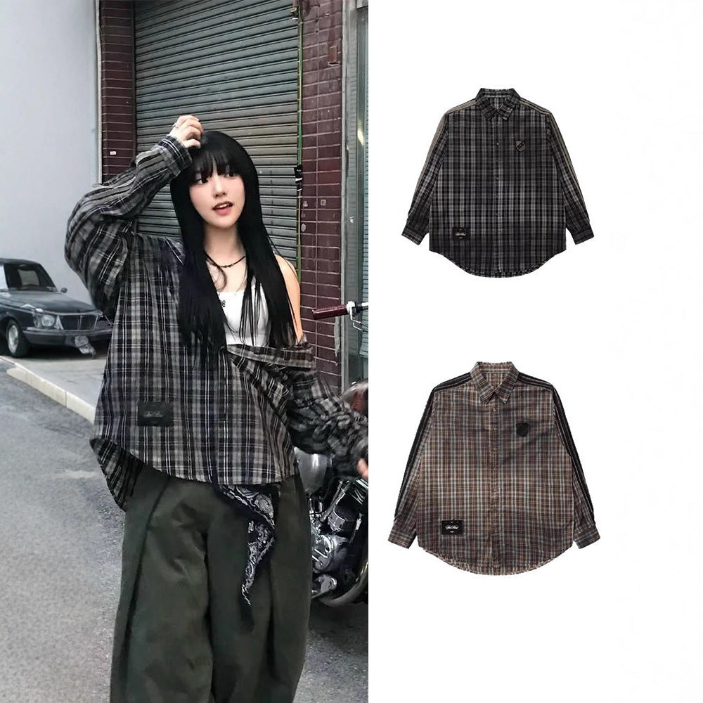 Badblood  Vintage Casual Loose Plaid Embroidered Slim-Fit Shirt Unisex Oversized Top Jacket